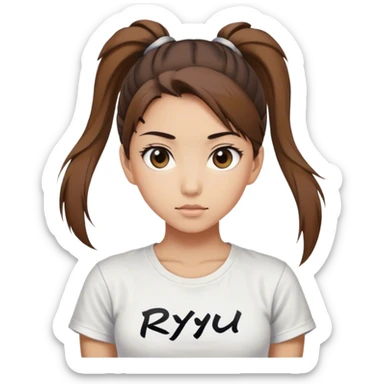 Beautiful girl happy with big eyes, ponytail and "ryu" written on tshirt sticker