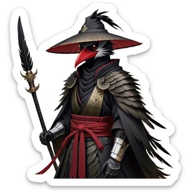 A fierce Kenku samurai with sleek black feathers, piercing crimson eyes glowing under the shadow of his straw hat. His sharp beak is partially covered by a black cloth mask, adding to his air of mystery. He wears layered black and crimson armor, intricate silver engravings etched into the metal plates. A long, tattered cloak billows behind him, worn from countless battles. His clawed hands grip the hilt of a curved katana, its polished blade reflecting the moonlight. Wisps of mist swirl around his taloned feet as he stands motionless sticker