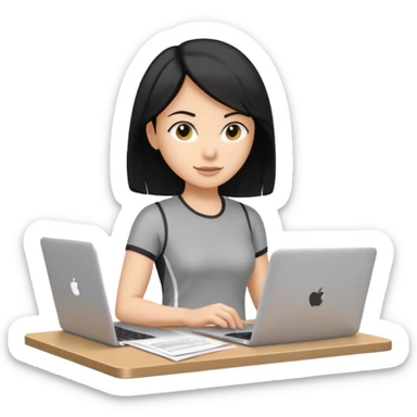 short white lady with black shoulder length hair who is a runner, used to be a teacher, and works remotely through a laptop as a documents engineering manager. sticker