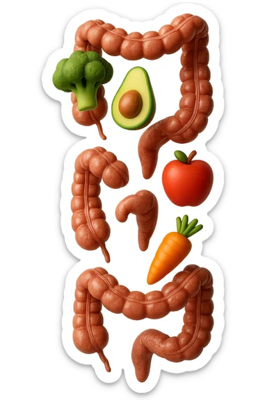 emoji stile iphone in 3d di cibo sano che fluttua in aria vericalmente insieme ùa pezzi di colon umano anatomico, iperrealistico 4k sticker
