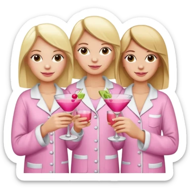 Three white-skinned friends (one with blonde hair and the other two with brown hair) toasting with pink cocktail glasses and wearing pajamas sticker