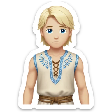 medieval summer outfit worn by a DnD themed fantasy male character. lightweight sleeveless wool tunic with a laced-up front and decorative embroidery. clothes only above the waist. The clothes full waist. The character's haven't arms. character is white-skinned, blonde hair, blue eyes, medium-length straight hair. sticker
