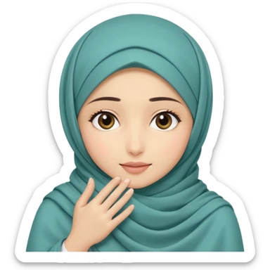 Hijabi girl sitting.     head covered
hands pulling the fabric in
shy-but-dramatic energy
“no cameras pls” but in a cute way
soft + mysterious vibe sticker