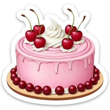 Round pink frosted cake with textured buttercream sides, placed on a plate cake board.
White whipped cream swirls on top, each topped with glossy red cherries with stems, clean studio lighting, isolated background, realistic minimal smooth emoji-style. sticker