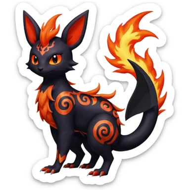 Shiny Fiery Dark Ugly Evil Realistic Glowing Eldritch Horror Cool Edgy Badass Emo Glorious Demonic Batty Dusky Ethereal Sparkly Shimmering Magical Punky Aural Iridescent Fluorescent Bioluminescent Litten-Amaura-Salandit-Noibat-Flareon-Fakémon-fusion (full body) with intricate pattern markings sticker