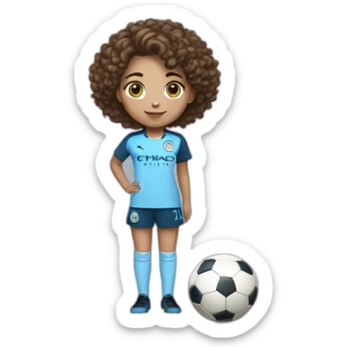 girl with short curly brown hair and eyes wearing Manchester City football shirt standing with a soccer ball sticker