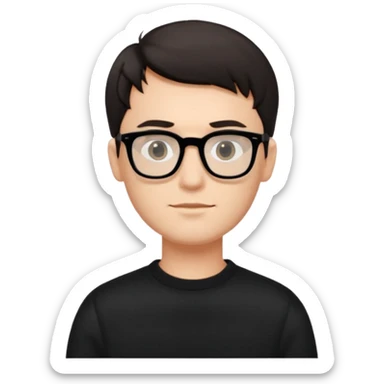 crea un uomo con i capelli corti scuri, occhiali da vista neri rettangolari e un maglione nero sticker