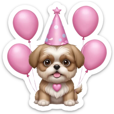 cute shih tzu hold a few cute pink balloons  with pink birthday hat sticker