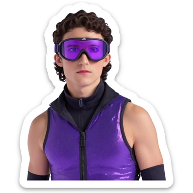 close-up of male athlete with white skin and moderately curly dark brown hair on top with shaved sides, wearing ski goggles with purple frames and very dark black lenses, a simple plain black chain necklace, and a completely unzipped sleeveless vest with purple and black sequin fire pattern design with no logo, frame centered on face and upper chest sticker