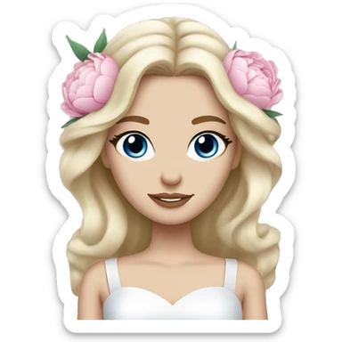 White bride with long light blonde hair and blue eyes with light pink peonies in hair white skin  sticker