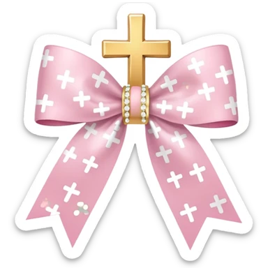super pale pink bow confetti but the paper confetti are the pale pink bows all spread out with white tiny glitter and then with golden crosses on it and a white band in the mjddle sticker