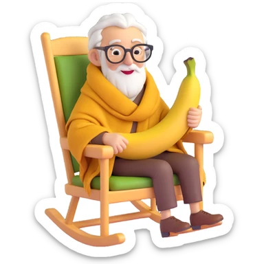 elderly banana sitting in a rocking chair, reading glasses, cozy shawl, warm expression, minimal background sticker