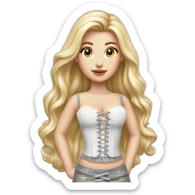hyperrealistic caucasian female, long straight blonde hair, white lace-up bustier, grey tight mini skirt sticker