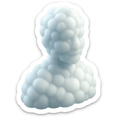 person looking straight, fully made of white fluffy convex clouds, shoulder up, no shadows, matte glass style sticker