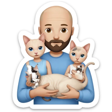 A couple, a man and a woman. The man, who is bald with a beard and wearing a blue shirt, is holding a Siamese cat in his arms. The woman, who has light hair and is wearing a white dress, is holding a white Sphynx cat in her arms sticker