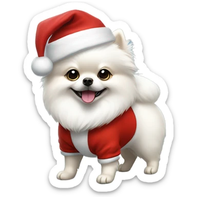 a white little Pomeranian with Santa clothes and a Santa hat sticker