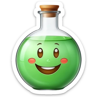 Draw me an emoji- a chemical green flask with a smiling face on a white background like a drawing. sticker