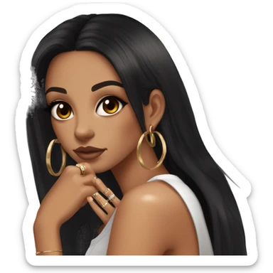Glamorous, streetwear, black hair, long straight hair, olive skin, brown almond eyes, winged eyeliner with big lashes, wearing hooped earrings, rings and bracelets, almond fake nails sticker