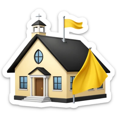 simple school, white background, magic school, black roof, with a big flag, big flag on a roof, big yellow flag, white school sticker