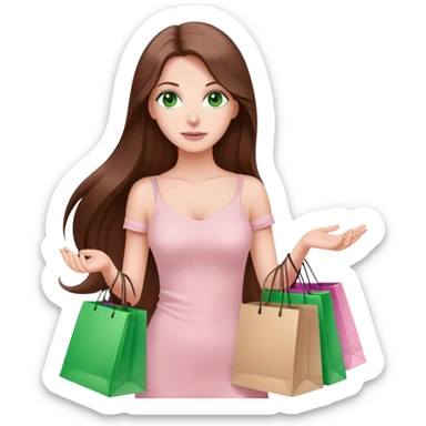 pretty white woman with very long brown hair and green eyes and light pink outfit holding a ton of shopping bags sticker