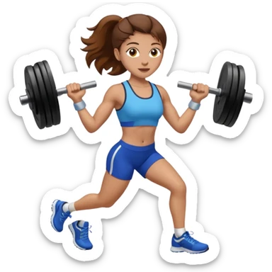 one women running and lifting weights. brown hair, light skin, hazel eyes. sticker