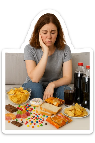 Donna tra i 25 e i 35 anni seduta sul divano o a un tavolo disordinato, circondata da cibi sparsi e poco sani: patatine, dolci, pane bianco, snack confezionati, bibite. con infiammazione e squilibri ormonali sticker