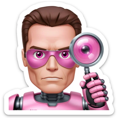 friendly looking schwarzenegger-looking half robotic half human pink terminator holding magnifying glass, upper body sticker