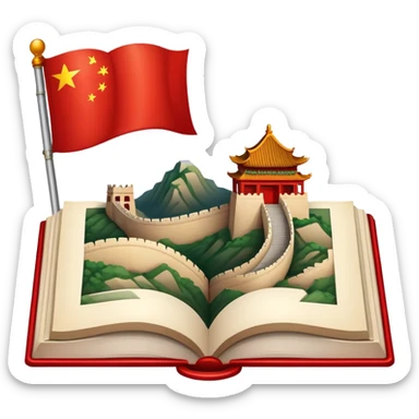 An icon featuring the Great Wall of China and the flag of China, symbolizing the Chinese language. The design includes an open book with Chinese characters and a red lantern, representing language learning and rich cultural tradition. Transparent background highlights the depth of Chinese heritage. sticker