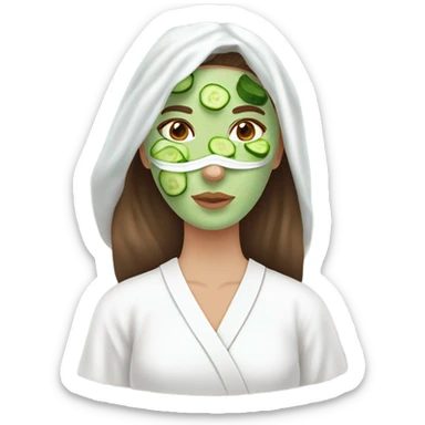 White girl with Brown hair and blue eyes wears a Green clay colored skincare textured mask and puts on cucumbers around her eyes while She relaxes in her white Robe sticker