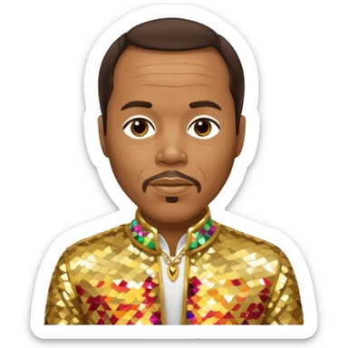 Quincy Jones with dark brown hair, gold sequin outfit  sticker