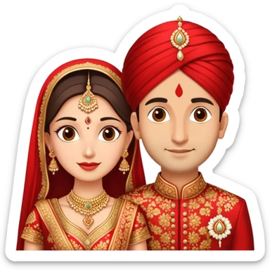 Indian married couple in traditional wedding attire, bride in red and gold wedding lehenga or saree, groom in sherwani, both with fair skin, groom is clean shaven sticker