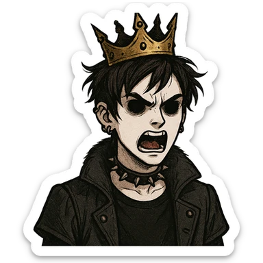 furious prince with crown, white complexion, black eyes, dark brown hair, alternative style sticker
