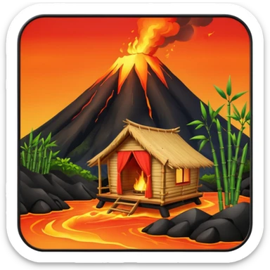 bamboo hut front of the volcano lava flowing sticker