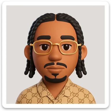 Create a 3D Microsoft Fluent style emoji faithfully representing the person in the photo. Features: oval face, light brown skin, brown eyes, black braided hair, thin beard, rectangular golden glasses, neutral expression, luxury beige patterned clothing. Preserve all distinctive traits and visible accessories. The style should emulate Microsoft Fluent 3D emoji style. sticker