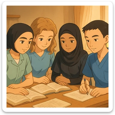 Illustration Ghibli of four nursing students working together, wearing short-sleeved outfits without stethoscopes, inspired by the four provided faces, studious and gentle atmosphere, version 3 sticker