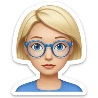 femme 40 ans cheveux extremement courts blond avec raie sur le coté, yeux bleu et lunettes rondes bleues sticker