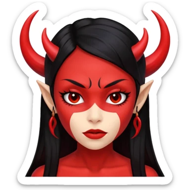 Head only demon girl; face with pronounced cheekbones and angular jaw; skin is uniform pure red (#FF0000) everywhere; long straight smooth black hair; small horns sticker