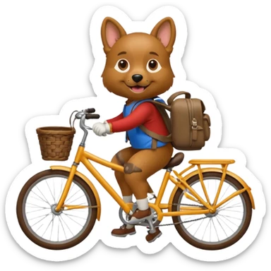 A dog is riding a bicycle and wearing a backpack. sticker