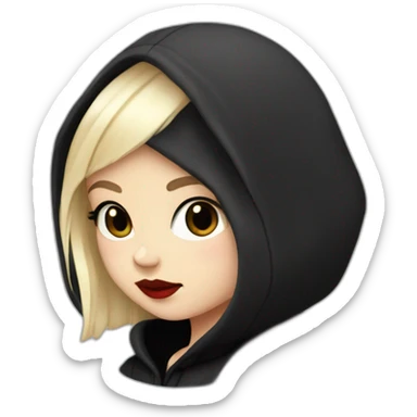 Tiny White girl lightly tanned with very short black coloured haircut black eyes and black hair wearing black messa hoodie like alyx Vance and red lipstick  sticker