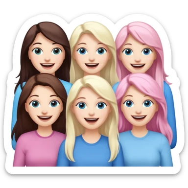 four adult white women laughing and smiling.  Two have long dark brown hair.  One has long pale pink hair and blue eyes. one has with blue eyes and light blonde hair. sticker