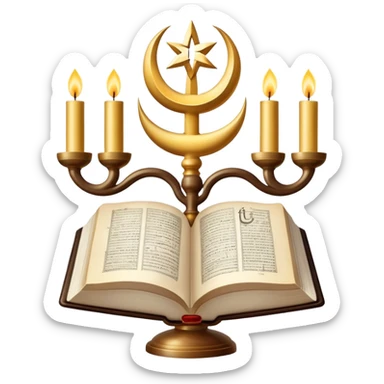 An icon featuring a Holy Bible, The Quran, Tara and the menorah, The Orthodox cross, a crescent moon, symbolizing the study of religions. The design includes diverse religious symbols and a globe, representing global beliefs and spiritual practices. Transparent background. sticker