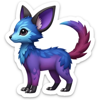 Feral Rare cute realistic edgy black-blue-burgundy-violet-gradients pretty beautiful handsome gorgeous aesthetic colorful vibrant Vernid-Trico-species-Fakemon-creature by LiLaiRa, random markings, tufted ears, full body sticker