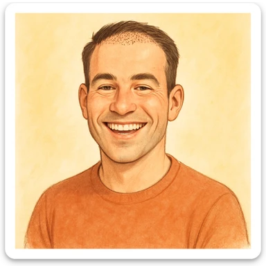 a cheerful man with restored hair, beaming with happiness and confidence after a hair transplant, soft friendly style sticker