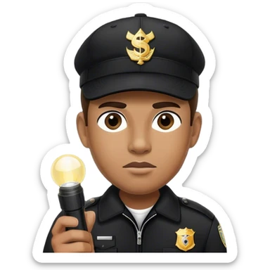 A vigilant male security guard wearing a black uniform, a baseball cap with ‘SECURITY’ embroidered on it, and a black jacket. He holds a flashlight  shining its beam forward sticker