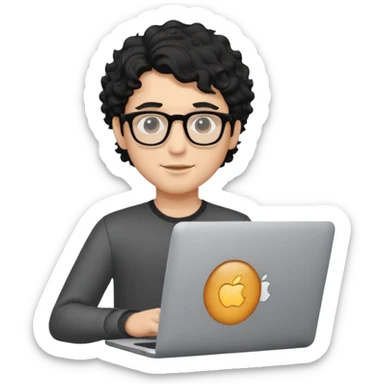 guy with wavy kinda curly black hair and light-to-medium skin tone like latino and glasses, with a macbook sticker