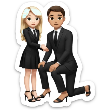  Sabrina carpenter kneeling down wearing a black dress with a tie with black heel sandals, putting her hand on man’s leg who is standing  sticker