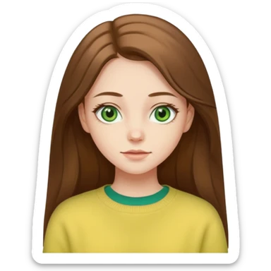please create an emoji of a semi pale girl with long brown hair, green eyes, wearing a pastel yellow sweater sticker