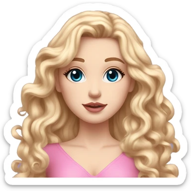 White girl 🧝🏻‍♀️, blue eyes, blond very long curly hair, pink lips, black arrows and brown eyeshadows, pink sexy dress. Background long. Magnolia 🌸 levitate. sticker