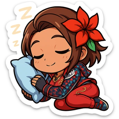 Azucena from Tekken 8 in chibi sticker style, sleeping peacefully with a little pillow, standard Twitch emote, wearing her detailed red and patterned outfit as shown in the reference images. sticker