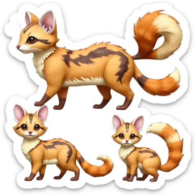 Hyper realistic  ember-rust copper fur molten with glowing magma seams and smoky tips beautiful elegant pretty precious cute  Fakémon-Pokémon-opossum-feline-serval-caracal-chinchilla-Furret-Minccino-hybrid-creature with a big fluffy bushy tail (full body) sticker